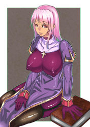 Rule 34 | 1girl, bodysuit, breasts, brown thighhighs, covered erect nipples, cross, cross necklace, garter straps, jewelry, large breasts, long hair, necklace, pink eyes, pink hair, priest (ragnarok online), ragnarok online, shiny clothes, solo, thighhighs, zxc