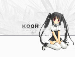 Rule 34 | 1girl, kooh, long hair, pangya, sitting, solo, thighhighs, twintails, very long hair, wallpaper, white background, white thighhighs