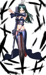 Rule 34 | 1girl, alicia (bullet witch), alicia (bullet witch), aq interactive, blue eyes, bullet witch, cavia, detached sleeves, feathers, green hair, gun, long hair, long sleeves, looking at viewer, midriff, mole, navel, pants, sakamoto mineji, serious, simple background, solo, stomach, waist cape, weapon, white background