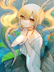 Rule 34 | 1girl, antlers, blonde hair, blue shirt, breath weapon, breathing fire, choker, commentary, dragon girl, dragon horns, dragon tail, earrings, fire, highres, horns, jewelry, kicchou yachie, looking at viewer, lotus leaf, orange eyes, pleated skirt, shirt, short hair, skirt, solo, tail, tassel, tassel earrings, touhou, turtle shell, water, wide sleeves, yellow horns, yuejinlin