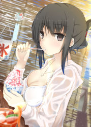 Rule 34 | 1girl, bikini, bikini under clothes, black eyes, black hair, breasts, cleavage, collarbone, drinking straw, eating, folded ponytail, food, from side, front-tie bikini top, front-tie top, highres, holding, holding drinking straw, hood, hooded vest, hoodie, ice cream, jewelry, kooribata, long sleeves, looking at viewer, medium breasts, mouth hold, necklace, original, shaved ice, shirotaso0818, solo, star (symbol), star necklace, swimsuit, upper body, vest, white bikini, wind chime