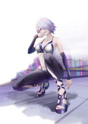 Rule 34 | 1girl, arm up, bare shoulders, blush, breasts, character request, cleavage, collarbone, crop top, elbow gloves, full body, girls&#039; frontline, girls&#039; frontline neural cloud, gloves, green eyes, grin, hair between eyes, hair over one eye, light purple hair, looking at viewer, medium breasts, nail polish, navel, open mouth, pants, purple nails, purple pants, sandals, short hair, simple background, sitting, smile, solo, sports bra, thatob, toenail polish, toenails