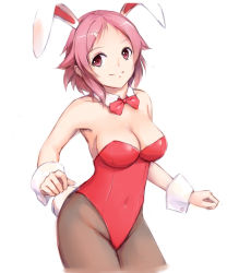 Rule 34 | 10s, 1girl, absurdres, animal ears, bad id, bad pixiv id, bow, bowtie, breasts, brown pantyhose, cowboy shot, detached collar, fake animal ears, highres, lely, leotard, lisbeth (sao), medium breasts, pantyhose, pink eyes, pink hair, playboy bunny, rabbit ears, rabbit tail, short hair, smile, solo, standing, sword art online, tail, wrist cuffs
