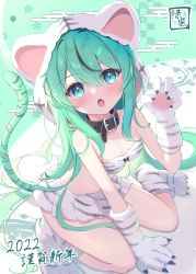 Rule 34 | 1girl, 2022, animal ears, animal hands, animal hood, animal print, bare shoulders, black collar, breasts, chinese zodiac, cleavage, collar, commentary request, gloves, green background, green eyes, green hair, hand up, highres, hood, long hair, looking at viewer, mikaze oto, open mouth, original, paw gloves, print gloves, small breasts, solo, tail, tiger hood, tiger print, tiger tail, translation request, white gloves, year of the tiger