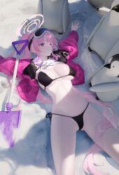 Rule 34 | 1girl, absurdres, animal, bikini, bird, black bikini, blue archive, breasts, cleavage, dingding (chongsangjun), eimi (blue archive), eimi (swimsuit) (blue archive), goggles, goggles on head, halo, highres, jacket, large breasts, long hair, long sleeves, lying, official alternate costume, on back, open clothes, open jacket, penguin, pink eyes, pink hair, pink halo, pink jacket, ponytail, scarf, shovel, snow, solo, swimsuit, white scarf