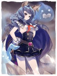 Rule 34 | 10s, 1girl, ahoge, animal ears, belt, blue hair, breasts, brown eyes, cape, curly hair, earrings, erune, etomai, ferry (granblue fantasy), ghost, gloves, granblue fantasy, hand on own hip, jewelry, long hair, looking at viewer, rabbit ears, sideboob, small breasts, whip