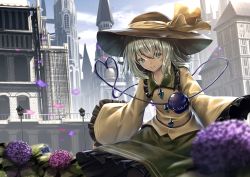 Rule 34 | 1girl, black hat, blue sky, building, city, closed mouth, day, flower, green hair, green skirt, hat, hat ribbon, heart, heart of string, hydrangea, komeiji koishi, looking at viewer, medium hair, outdoors, petals, ribbon, ryosios, shirt, skirt, sky, sleeves past wrists, smile, solo, third eye, touhou, wide sleeves, yellow ribbon, yellow shirt