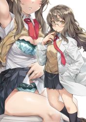 Rule 34 | 1girl, aqua bra, aqua panties, arm up, beige sweater, black socks, blush, bow, bow panties, bra, breasts, brown footwear, brown hair, cellphone, cleavage, clothes lift, collared shirt, expressionless, futaba rio, glasses, grey skirt, groin, hair between eyes, hand in pocket, highres, holding, holding phone, kneehighs, lab coat, lace, lace-trimmed bra, lace-trimmed panties, lace trim, legs, lifted by self, long hair, long sleeves, looking at viewer, messy hair, multiple views, nagayori, necktie, open clothes, panties, parted lips, partially unbuttoned, phone, pleated skirt, red necktie, school uniform, seishun buta yarou, shirt, shirt lift, short sleeves, sidelocks, sitting, skirt, skirt lift, socks, sweater, sweater lift, sweater vest, thighs, underwear, white background, white shirt, yellow eyes