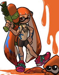 Rule 34 | 1girl, 1other, bike shorts, blnk, blunt bangs, commission, dirty, dirty clothes, finger on trigger, flat chest, gun, highres, holding, holding gun, holding weapon, ink tank (splatoon), inkling, inkling girl, inkling player character, long hair, nintendo, orange eyes, orange hair, paint splatter, pointy ears, shirt, shoes, sneakers, solo focus, splatoon (series), splatoon 1, splattershot (splatoon), squid, super soaker, t-shirt, tentacle hair, twintails, very long hair, weapon