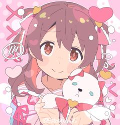 Rule 34 | 1girl, blush stickers, brown eyes, brown hair, colored inner hair, commentary request, dot nose, frilled ribbon, frills, hair ribbon, heart, holding, holding stuffed toy, long hair, looking at viewer, multicolored hair, murosaki miyo, official alternate costume, official alternate hairstyle, onii-chan wa oshimai!, pink background, portrait, red hair, red ribbon, ribbon, satou asuka, simple background, smile, solo, spoken blush, stuffed animal, stuffed toy, teddy bear, twitter username, two-tone hair, two side up