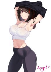 Rule 34 | 1girl, absurdres, alternate hair length, alternate hairstyle, armpits, arms up, artist name, black hair, black pants, breast tattoo, breasts, chinese commentary, cleavage, collarbone, commentary request, covered erect nipples, crop top, highres, kero (vtuber), kero official, large breasts, lc angel, looking at viewer, medium hair, midriff, multicolored hair, navel, nijisanji, one eye closed, pants, red eyes, red hair, simple background, sleeveless, solo, stomach, streaked hair, tattoo, undressing, virtual youtuber, virtuareal, white background, yoga pants