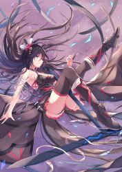 Rule 34 | 1girl, armpits, ass, bandaged arm, bandages, bare shoulders, black dress, black hair, black thighhighs, blue eyes, boots, closed mouth, cloud, cloudy sky, convenient skirt, dress, flower, flying, from side, fuuro (johnsonwade), hair between eyes, hair flower, hair ornament, heterochromia, long hair, looking at viewer, mouth hold, original, outdoors, red eyes, sky, smile, solo, thighhighs, very long hair, weapon