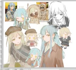 Rule 34 | 2girls, ?, art program in frame, bang dream!, bang dream! it&#039;s mygo!!!!!, blue hair, brown coat, brown hat, chinese commentary, closed eyes, coat, collared shirt, commentary request, green hair, green necktie, grey jacket, haneoka school uniform, hat, hood, hood up, hooded coat, jacket, ki3wii, long hair, multiple girls, necktie, parted lips, school uniform, shirt, simple background, spoken question mark, sunglasses, togawa sakiko, two side up, unfinished, wakaba mutsumi, white background, white shirt, yellow eyes