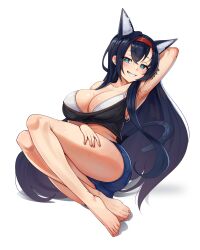 Rule 34 | 1girl, :d, ajidot, alternate costume, animal ears, arknights, arm up, armpits, ass, bare legs, barefoot, black hair, blaze (arknights), blue eyes, blue shorts, blush, breasts, bright pupils, cameltoe, casual, cat ears, cat girl, cat tail, cleavage, cleft of venus, collarbone, crop top, feet, full body, grin, hairband, highres, large breasts, legs, long hair, looking at viewer, nail polish, open mouth, parted lips, red hairband, red nails, short shorts, shorts, simple background, smile, solo, sweat, tail, toenail polish, toenails, toes, very long hair, white background