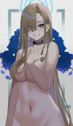 Rule 34 | 1girl, absurdres, asuna (blue archive), blue archive, blue eyes, blue flower, blue rose, breasts, choker, collar, covered erect nipples, flower, gaitoou, grey hair, grin, hair over one eye, halo, highres, large breasts, looking at viewer, navel, nude, one eye covered, rose, smile, solo