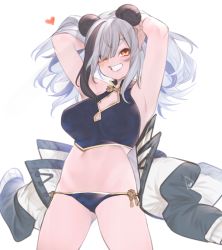 Rule 34 | 1girl, :d, adapted costume, animal ears, arknights, armpits, arms up, bear ears, bikini, black bikini, black hair, blush, breasts, cowboy shot, eyes visible through hair, feater (arknights), gluteal fold, grey hair, grin, hair over one eye, heart, highres, jacket, unworn jacket, kochiya (gothope), large breasts, long hair, looking at viewer, multicolored hair, navel, open mouth, parted lips, red eyes, side-tie bikini bottom, smile, solo, streaked hair, swimsuit, thick eyebrows, twintails, two-tone hair, white jacket