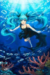 Rule 34 | 10s, 1girl, 2013, aqua eyes, aqua hair, artist name, barefoot, bubble, coral, darkblue1112, dated, dress, freediving, hatsune miku, highres, long hair, shinkai shoujo (vocaloid), solo, submerged, swimming, twintails, underwater, very long hair, vocaloid, wet, wet clothes