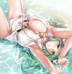 Rule 34 | 1girl, armpits, beach, bikini, breasts, cleavage, closed mouth, collarbone, eyelashes, female focus, fire emblem, fire emblem: three houses, fire emblem heroes, flower, gold necklace, green eyes, green hair, hair flower, hair ornament, head wreath, highres, huge breasts, jewelry, lips, long hair, looking at viewer, lying, matching hair/eyes, moisture (chichi), navel, necklace, nintendo, official alternate costume, partially submerged, rhea (fire emblem), rhea (summer) (fire emblem), smile, solo, swimsuit, thighs, wet, white bikini