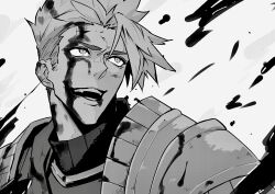 Rule 34 | 1boy, absurdres, achilles (fate), armor, bags under eyes, blood, blood on clothes, blood on face, blood splatter, fate/apocrypha, fate (series), haruakira, highres, looking to the side, male focus, mature male, monochrome, short hair, shoulder armor, simple background, solo, teeth, undercut, upper body, upper teeth only