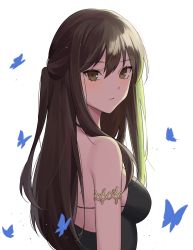 Rule 34 | 1girl, back, bare shoulders, black dress, blush, bracer, breasts, brown hair, bug, butterfly, dress, girls&#039; frontline, hair between eyes, highres, insect, long hair, looking at viewer, m4a1 (girls&#039; frontline), m4a1 (suspender of time) (girls&#039; frontline), medium breasts, official alternate costume, qb 516, solo, white background