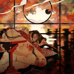 Rule 34 | 1girl, autumn leaves, blood, blood on arm, blood on face, blood on ground, blood on hands, blood on leg, bloody knife, brown hair, commentary request, highres, holding, holding knife, holding weapon, indoors, japanese clothes, kimono, knife, long hair, lying, moon gate, no shoes, on ground, on side, original, parted lips, red eyes, red kimono, socks, solo, tsubonari, weapon, white socks