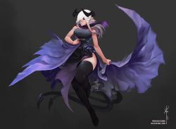 Rule 34 | 1girl, absurdres, artist name, bare arms, bare shoulders, black background, black sclera, black thighhighs, breasts, cleavage, colored sclera, commentary, demon girl, demon horns, demon tail, dress, english commentary, full body, grey background, hair over one eye, highres, horns, large breasts, less, lilim (monster girl encyclopedia), medium hair, monster girl encyclopedia, multiple tails, patreon username, pointy ears, red eyes, second-party source, simple background, sleeveless, solo, strapless, strapless dress, tail, thighhighs, twitter username, two tails, watermark, white hair