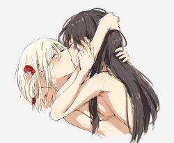 Rule 34 | 2girls, black hair, blonde hair, breast press, closed mouth, commentary, hair ribbon, hand on another&#039;s arm, hand on another&#039;s head, hashtag-only commentary, inoue takina, kiss, long hair, lycoris recoil, medium hair, multiple girls, nishikigi chisato, nude, red ribbon, ribbon, simple background, submaro, symmetrical docking, upper body, white background, yuri