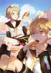 Rule 34 | 1boy, 1girl, absurdres, black shorts, blonde hair, blue eyes, brother and sister, cake, crossed legs, day, detached sleeves, doughnut, food, green eyes, hair between eyes, hair ribbon, hairband, headphones, highres, kagamine len, kagamine rin, koaoto, midriff, neckerchief, necktie, open mouth, outdoors, ribbon, shirt, short hair, short shorts, short sleeves, shorts, siblings, sitting, sleeveless, sleeveless shirt, star (symbol), star print, stomach, tongue, tongue out, twins, vocaloid, white hairband, white ribbon, white shirt, yellow neckerchief, yellow necktie