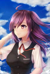 Rule 34 | 1girl, absurdres, ahoge, black vest, blue sky, breasts, cloud, day, gloves, hagikaze (kancolle), highres, kantai collection, long hair, neck ribbon, one side up, purple eyes, purple hair, red ribbon, ribbon, seiya (iiseven), shirt, short sleeves, sky, small breasts, smile, solo, upper body, vest, white gloves, white shirt