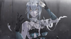 Rule 34 | 1girl, arm warmers, asymmetrical hair, bandaged arm, bandaged neck, bandages, black gloves, blurry, blurry background, braided hair rings, breasts, breasts apart, commentary request, flower, gloves, hair between eyes, hair flower, hair ornament, highres, kaine (nier), large breasts, lingerie, looking at viewer, lunar tear, medium hair, negligee, nier, nier (series), parted lips, setsumushi, single bare shoulder, solo, underwear, upper body, white hair, yellow eyes