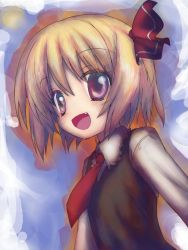 Rule 34 | 1girl, blonde hair, embodiment of scarlet devil, fang, female focus, gotou nao, hair ribbon, highres, necktie, open mouth, red eyes, red necktie, ribbon, rumia, short hair, sino-koutaro, solo, touhou