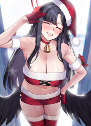 Rule 34 | 1girl, absurdres, bandeau, bare shoulders, bell, black hair, black wings, blue archive, blush, breasts, choker, cleavage, closed eyes, collarbone, deras, feathered wings, fur-trimmed headwear, fur trim, gloves, grin, hair ornament, hairclip, halo, hat, highres, ichika (blue archive), jingle bell, large breasts, long hair, miniskirt, red gloves, red hat, red skirt, red thighhighs, santa hat, skirt, smile, solo, thighhighs, wings