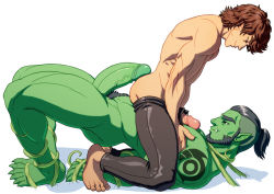 Rule 34 | 2boys, ass, bara, barefoot, character request, colored skin, copyright request, feet, full body, green skin, interspecies, multiple boys, muscular, nude, pointy ears, restrained, straddling, szadek, toes, undressing, yaoi
