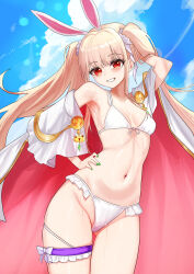 1girl absurdres animal_ears arm_up armpits bare_shoulders battle_mage_(dungeon_and_fighter) bikini blonde_hair breasts brooch cape cloud commission cowboy_shot dungeon_and_fighter frilled_bikini frills front-tie_bikini_top front-tie_top gluteal_fold gold_trim green_nails grin groin hair_ornament halterneck hand_on_own_hip highres jewelry long_hair looking_at_viewer mage_(dungeon_and_fighter) nail_polish navel off_shoulder rabbit_ears red_eyes semicolon9991 skindentation small_breasts smile solo standing stomach string_bikini swimsuit thigh_gap thigh_strap thighs twintails wet white_bikini