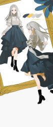 Rule 34 | 1girl, absurdres, amputee, ays1071, black footwear, blue flower, boots, closed mouth, dress, expressionless, flower, from behind, grey hair, high heel boots, high heels, highres, long hair, long sleeves, looking ahead, looking at viewer, looking back, multiple views, no socks, sidelocks, simple background, single barefoot, standing, toes, yellow eyes