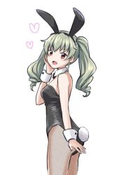 Rule 34 | 1girl, :d, alternate costume, anchovy (girls und panzer), animal ears, arm at side, bare arms, black bow, black bowtie, black leotard, black pantyhose, blush, bow, bowtie, breasts, collar, commentary, cowboy shot, detached collar, drill hair, fake animal ears, fake tail, female focus, fishnet pantyhose, fishnets, from side, girls und panzer, green hair, hand on own face, hand up, happy, heart, katakori sugita, leotard, long hair, looking at viewer, looking to the side, medium breasts, open mouth, pantyhose, playboy bunny, rabbit ears, rabbit tail, red eyes, simple background, smile, solo, standing, strapless, strapless leotard, tail, twin drills, twintails, white background, white collar, wrist cuffs