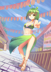 Rule 34 | 1girl, absurdres, antennae, bare arms, bare shoulders, black cat ronaldinho, bra, breasts, clothing cutout, collarbone, foreshortening, green hair, grin, hand on own hip, highres, legs, midriff, navel, original, pointing, pointing at viewer, sandals, showgirl skirt, side cutout, skirt, smile, solo, underwear, yellow eyes