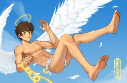 Rule 34 | 1boy, achirocz, angel wings, barefoot, blue sky, brown hair, camp buddy, feathered wings, feet, full body, green eyes, halo, highres, legs, nagame keitaro, sky, soles, surprised, toes, topless male, wings