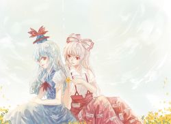 Rule 34 | 2girls, back-to-back, blue dress, blue hair, blue headwear, bow, chong tazi, collared shirt, dress, flower, fujiwara no mokou, giving, grass, hair bow, hat, highres, holding, holding flower, kamishirasawa keine, long hair, looking at another, multiple girls, neckerchief, ofuda, ofuda on clothes, on ground, pants, parted lips, puffy short sleeves, puffy sleeves, red eyes, red neckerchief, red pants, shirt, short sleeves, sitting, smile, suspenders, tokin hat, touhou, white bow, white hair, white shirt, yellow flower