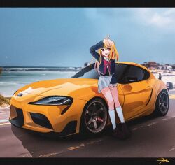 Rule 34 | 1girl, beach, blue jacket, bow, brown footwear, car, cloud, collared shirt, commission, grey skirt, highres, hoshino ruby, jacket, letterboxed, motor vehicle, nougat (73r1r1), ocean, on vehicle, oshi no ko, purple eyes, red bow, road, shirt, signature, sitting, skirt, sky, smile, socks, solo, spoiler (automobile), toyota, toyota supra, toyota supra mk v, v, vehicle focus, white shirt, white socks