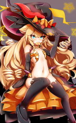 Rule 34 | 1girl, alma (41ma stella), azur lane, black thighhighs, blonde hair, blue eyes, bottomless, candy, commentary request, curly hair, detached sleeves, flat chest, food, food in mouth, hat, highres, lollipop, long hair, navel, no panties, revealing clothes, ribbon, shrogane, smalley (azur lane), smalley (candy courier) (azur lane), solo, thighhighs, witch hat