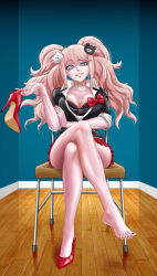 Rule 34 | 1girl, albyee, barefoot, bear hair ornament, black bra, bow, bra, breasts, choker, cleavage, collarbone, commission, crossed legs, danganronpa: trigger happy havoc, danganronpa (series), enoshima junko, feet, grin, hair ornament, high heels, holding, holding shoes, indoors, large breasts, miniskirt, mole, mole on breast, nail polish, pleated skirt, pumps, red bow, red footwear, red nails, red skirt, shoes, unworn shoes, single barefoot, sitting, skirt, smile, solo, stiletto heels, teeth, toenail polish, toenails, toes, twintails, underwear, wooden floor