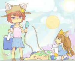 Rule 34 | 3girls, :x, animal ears, bag, bare shoulders, blue skirt, blue sky, blush, brown hair, camisole, cat ears, collarbone, day, dejiko, di gi charat, full body, gema, green hair, hair ornament, handbag, hat, height difference, hot, light rays, looking at another, mike (di gi charat), multiple girls, open mouth, outdoors, puchiko, reaching, red hair, shirt, short hair, skirt, sky, sleeveless, sleeveless shirt, standing, sun, sunlight, tail, top-down bottom-up, toritoma (sweetandsour), wavy arms