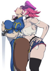 Rule 34 | 2girls, against wall, capcom, chinese clothes, choker, chun-li, from behind, hand on hip, highres, implied sex, kisuu, lipstick, makeup, multiple girls, nail polish, naughty face, pantyhose, pink hair, poison (final fight), street fighter, street fighter v, thigh strap, tongue, tongue out