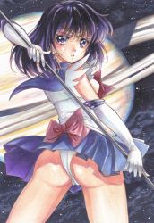 Rule 34 | 1girl, absurdres, ass, back bow, bishoujo senshi sailor moon, bow, elbow gloves, from behind, gloves, highres, holding, holding polearm, holding spear, holding weapon, leotard, looking at viewer, looking back, marker (medium), outer senshi, pleated skirt, polearm, purple sailor collar, sailor collar, sailor saturn, sailor senshi, sailor senshi uniform, shiny skin, short hair, silence glaive, skirt, solo, spear, standing, tomoe hotaru, tomoeri, traditional media, weapon, white gloves, white leotard