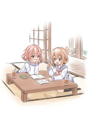 Rule 34 | 10s, 2girls, black legwear, black skirt, brown eyes, brown hair, commentary request, cup, drinking glass, drinking straw, elbows on table, eraser, folded ponytail, fujishima shinnosuke, hair ornament, hairclip, hands on own chin, hands on own face, head rest, holding, holding pencil, ice, ice cube, ikazuchi (kancolle), inazuma (kancolle), indoors, kantai collection, long hair, long sleeves, multiple girls, neckerchief, open mouth, pencil, pencil as mustache, pencil case, pleated skirt, pointing, ponytail, school uniform, serafuku, short hair, sitting, skirt, sliding doors, table, tatami