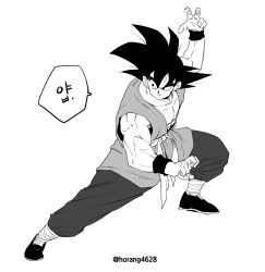 Rule 34 | 1boy, absurdres, arm up, bandaged leg, bandages, bare shoulders, closed mouth, dougi, dragon ball, dragonball z, fighting stance, fingernails, greyscale, hair between eyes, hatching (texture), highres, horang4628, male focus, monochrome, muscular, muscular male, simple background, solo, son goku, spiked hair, translation request, twitter username, v-shaped eyebrows, white background, wristband