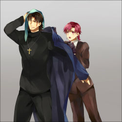 Rule 34 | 1boy, 1girl, amakura (am as), bazett fraga mcremitz, brown hair, closed eyes, cross, earrings, fate/hollow ataraxia, fate/stay night, fate/zero, fate (series), food, formal, gloves, grey background, jewelry, kotomine kirei, long coat, mapo tofu, necklace, necktie, pink eyes, pink hair, simple background, smile, suit, towel