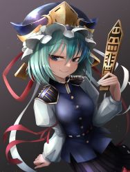 Rule 34 | 1girl, absurdres, arm support, black skirt, doro9363, epaulettes, from above, green hair, half-closed eyes, hat, hat ribbon, highres, light particles, long sleeves, night, night sky, red ribbon, ribbon, rod of remorse, shiki eiki, short hair, sitting, skirt, sky, smile, solo, touhou
