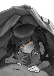 Rule 34 | 1boy, 1girl, antenna hair, blush, censored, eonsang, erection, fellatio, ghost costume, girls&#039; frontline, greyscale, hair ribbon, halloween, heart, heart in eye, hetero, lifting covers, long hair, looking at viewer, m14 (girls&#039; frontline), monochrome, mosaic censoring, oral, penis, penis grab, pov, ribbon, simple background, solo focus, spot color, symbol in eye, twintails, under covers, very long hair, white background, yellow eyes